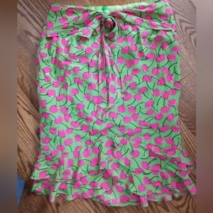 Nanette Lapore Skirt Cherries w Sequins on Lime Green Silk EUC Sz 8 90's Vintage
